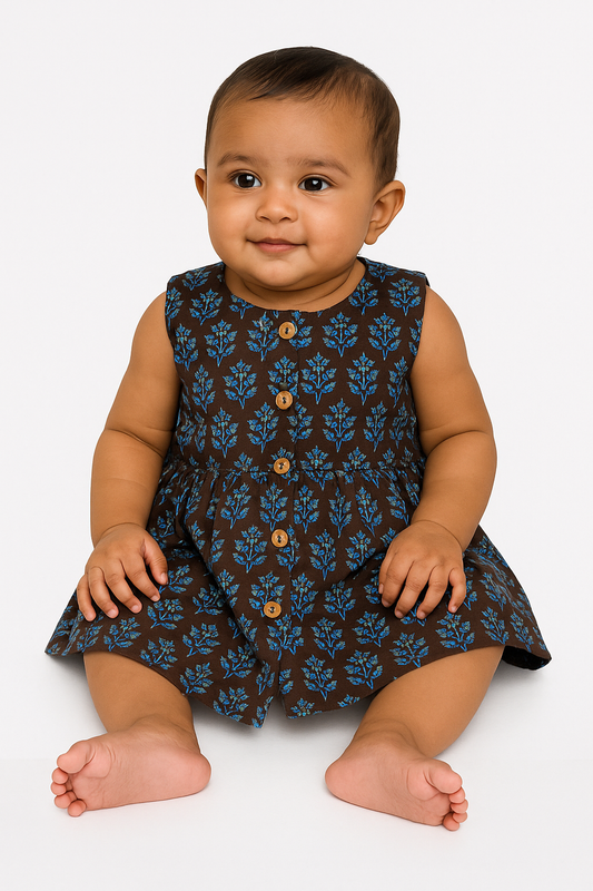Brown & Blue Floral Cotton Frock