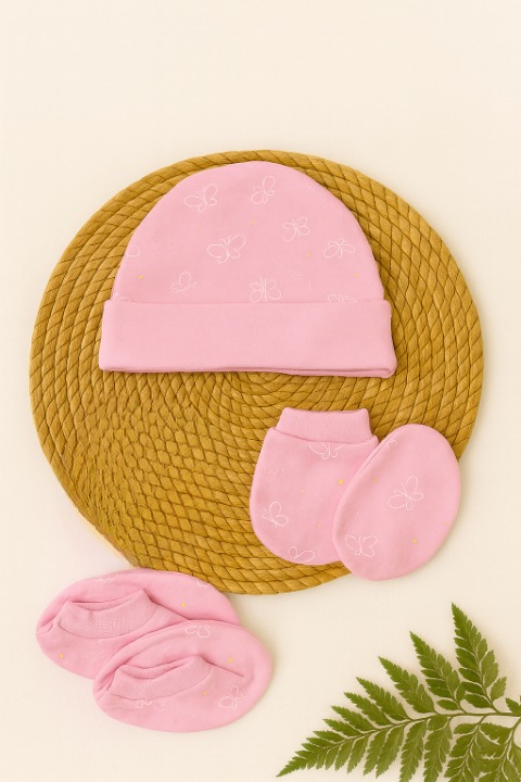 Pink Flutter Butterfly Newborn Cap, Mittens & Booties Set
