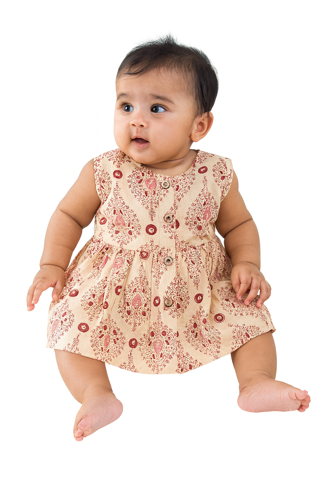 Beige & Maroon Block Print Frock