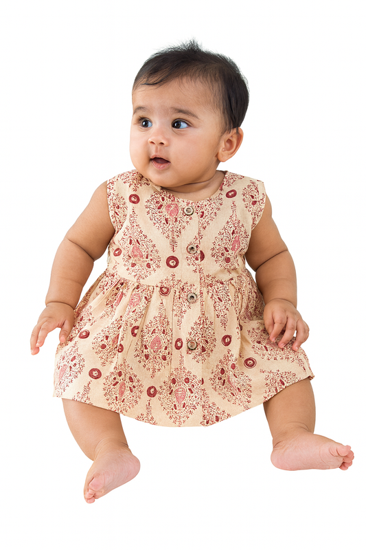 Beige & Maroon Block Print Frock
