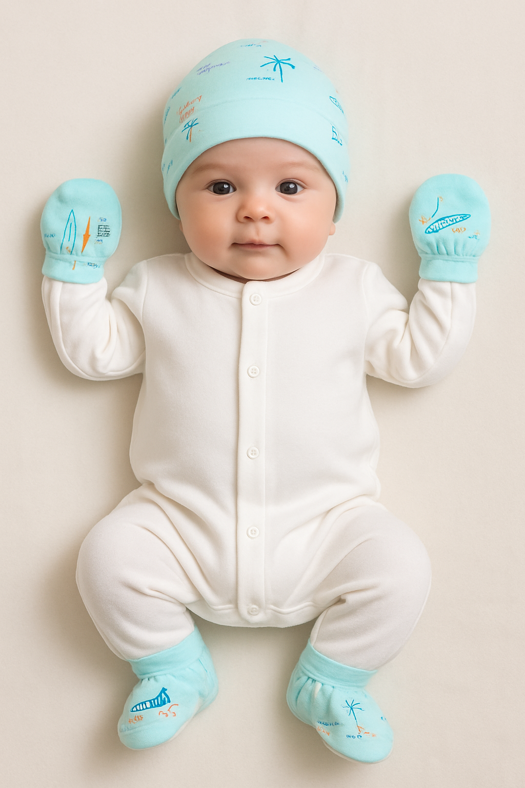 Aqua Seaside Fun Newborn Cap, Mittens & Booties Set