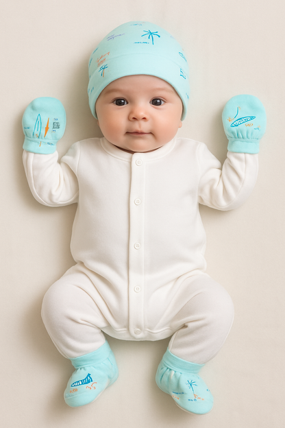 Aqua Seaside Fun Newborn Cap, Mittens & Booties Set