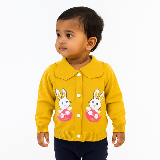 Bunny Pocket Soft Knit Baby Cardigan – Mustard Yellow
