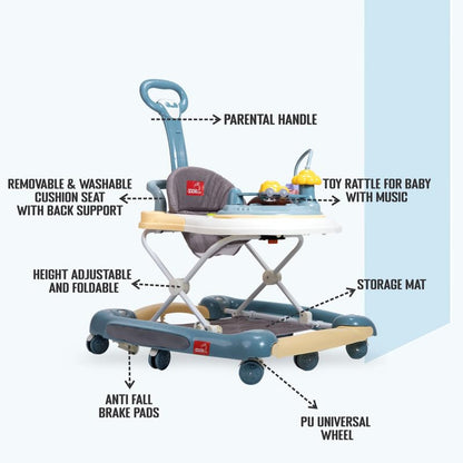 Apple baby Walker, 3 Level Adjustable Height, Toy Bar with Light & Music, Detachable Cushioned Seat