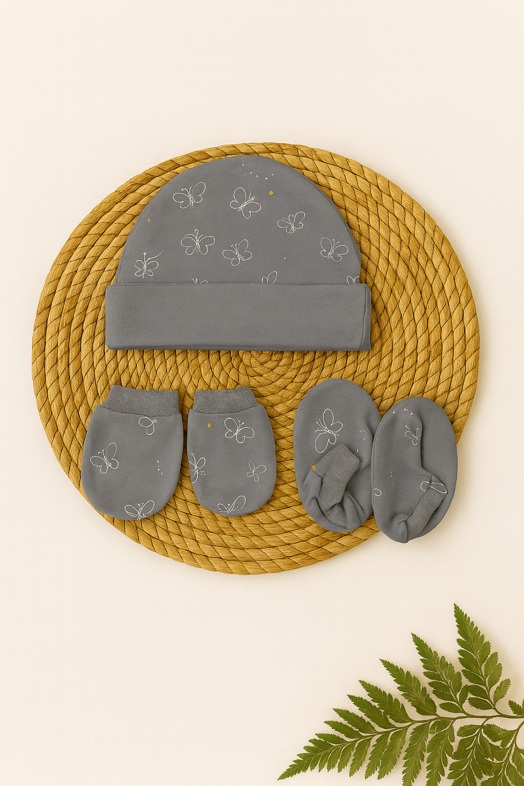 Grey Flutter Butterfly Newborn Cap, Mittens & Booties Set