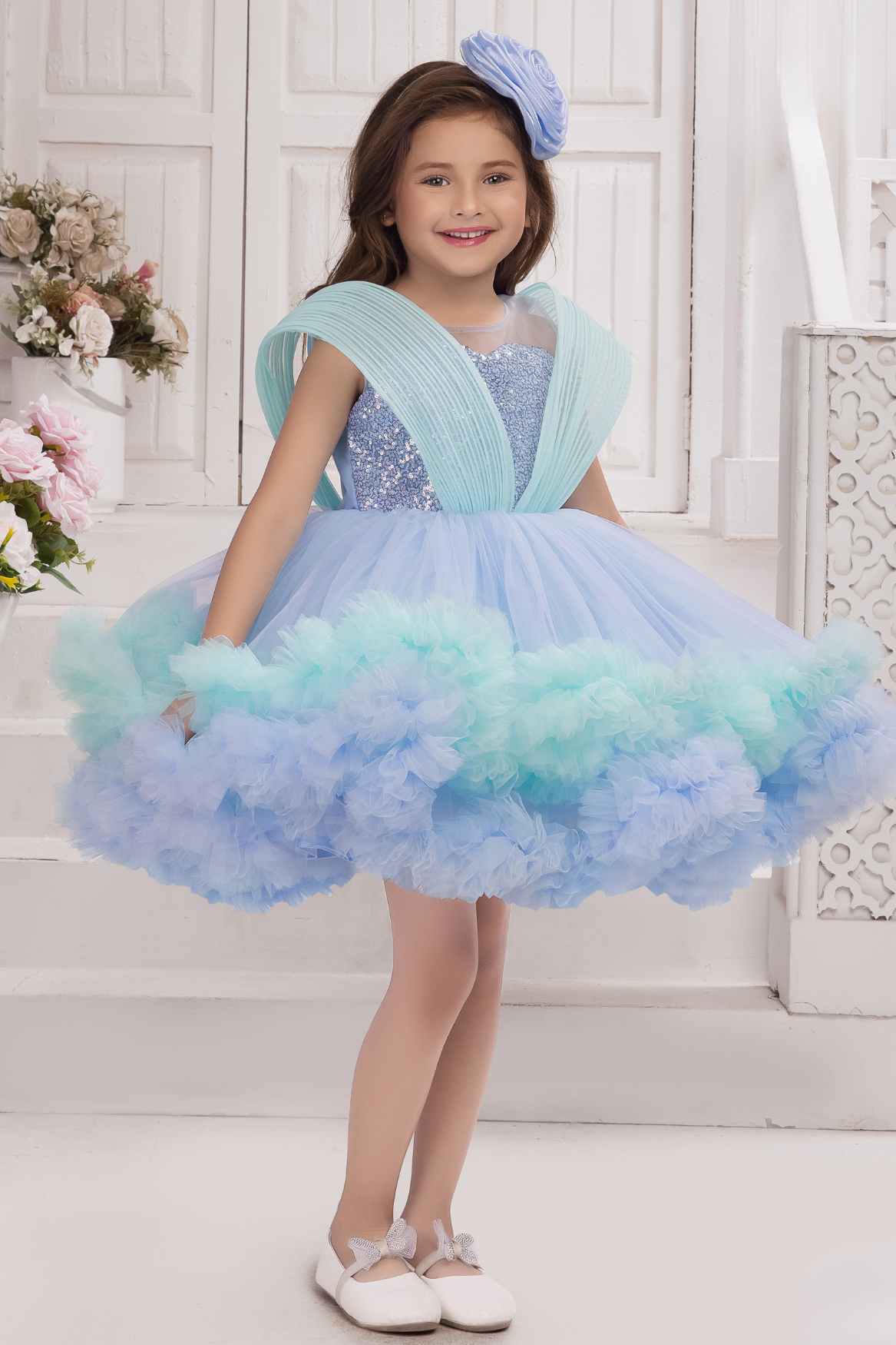 Girls Blue Sequin & Layered Princess Party Dress