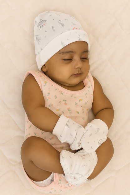 White Cabin Forest Newborn Cap, Mittens & Booties Set