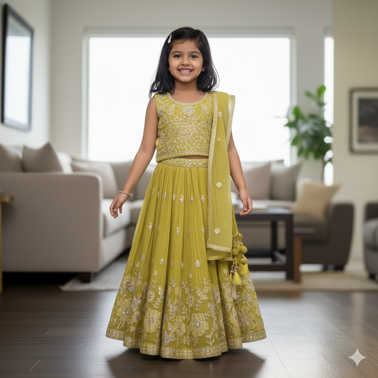 Mustard Yellow Embroidered Kids Lehenga Choli with Dupatta