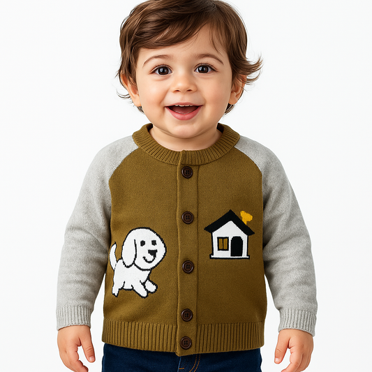 Puppy House Knit Winter Cardigan – Olive Green