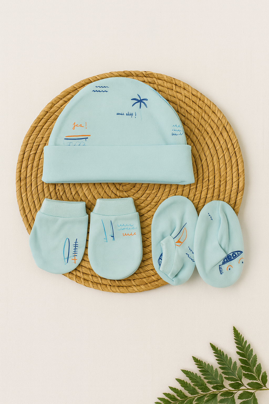 Aqua Seaside Fun Newborn Cap, Mittens & Booties Set