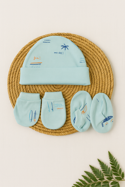 Aqua Seaside Fun Newborn Cap, Mittens & Booties Set