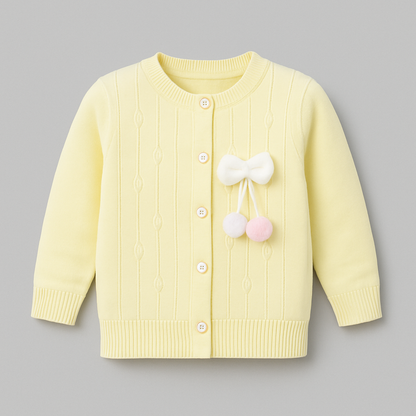 Pom-Pom Bow Cable Knit Cardigan – Light Yellow