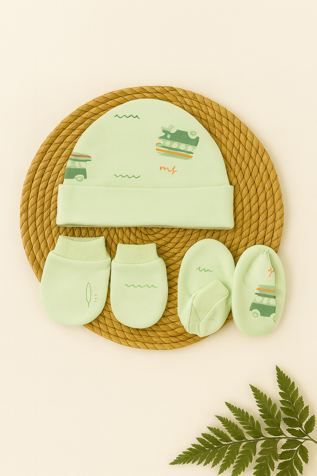 Mint Adventure Van Newborn Cap, Mittens & Booties Set