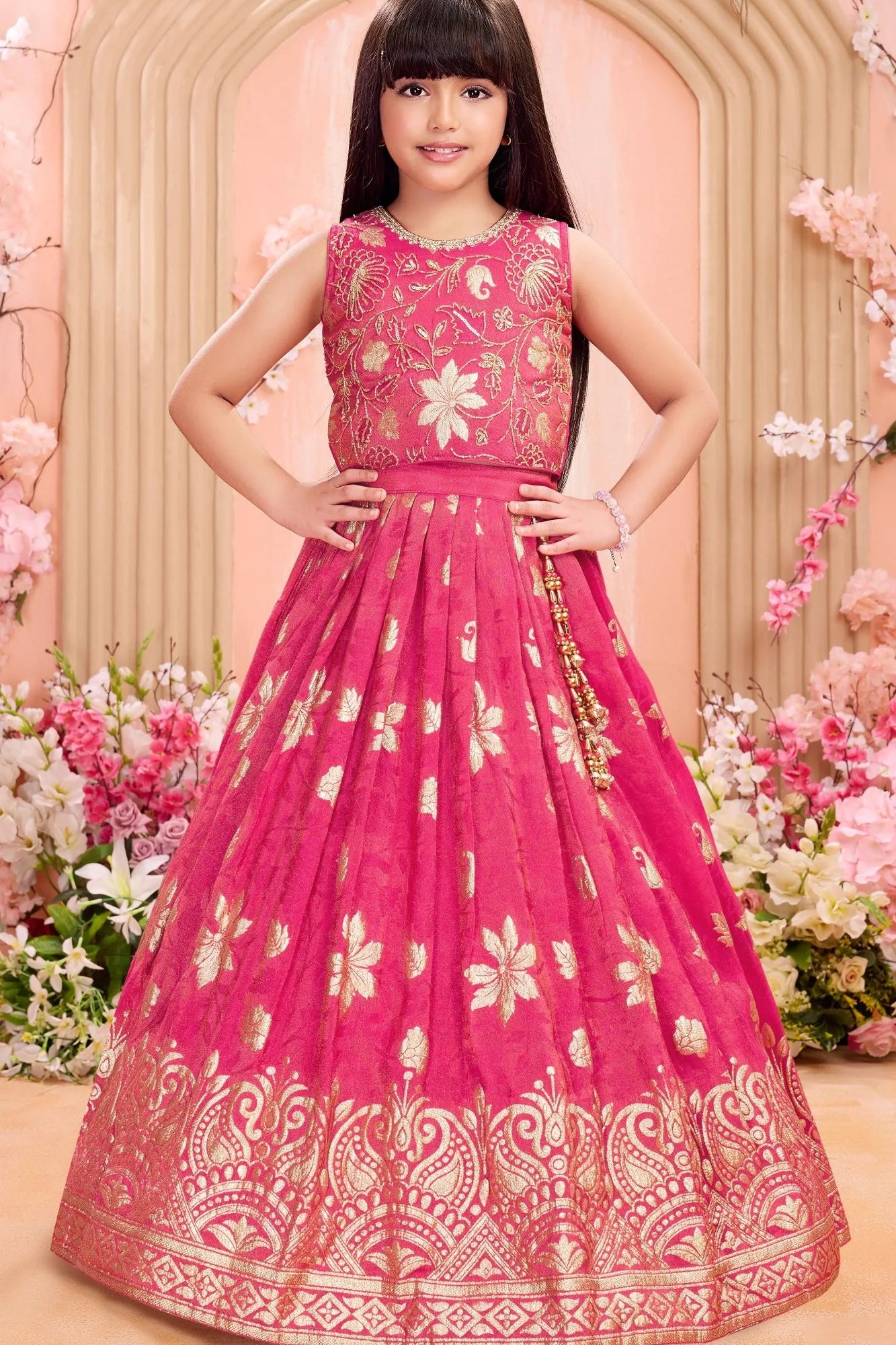 Red Floral Banarasi Gown with Zari Work - Mamadada