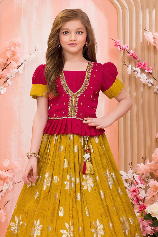 Mustard Banarasi Floral Lehenga with Red Blouse - Mamadada