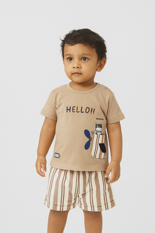 Beige “Hello!! Wrooomie” T-Shirt & Striped Shorts Set