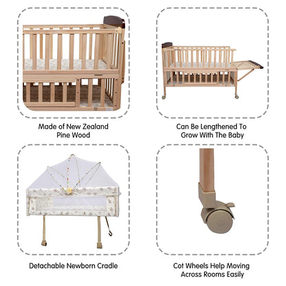 1st Step Wooden Cot with 3Level Height, Detachable Mosquito Net