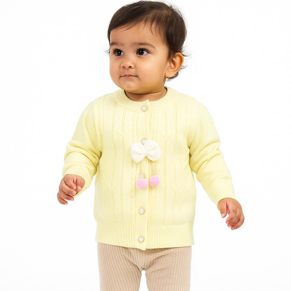 Pom-Pom Bow Cable Knit Cardigan – Light Yellow