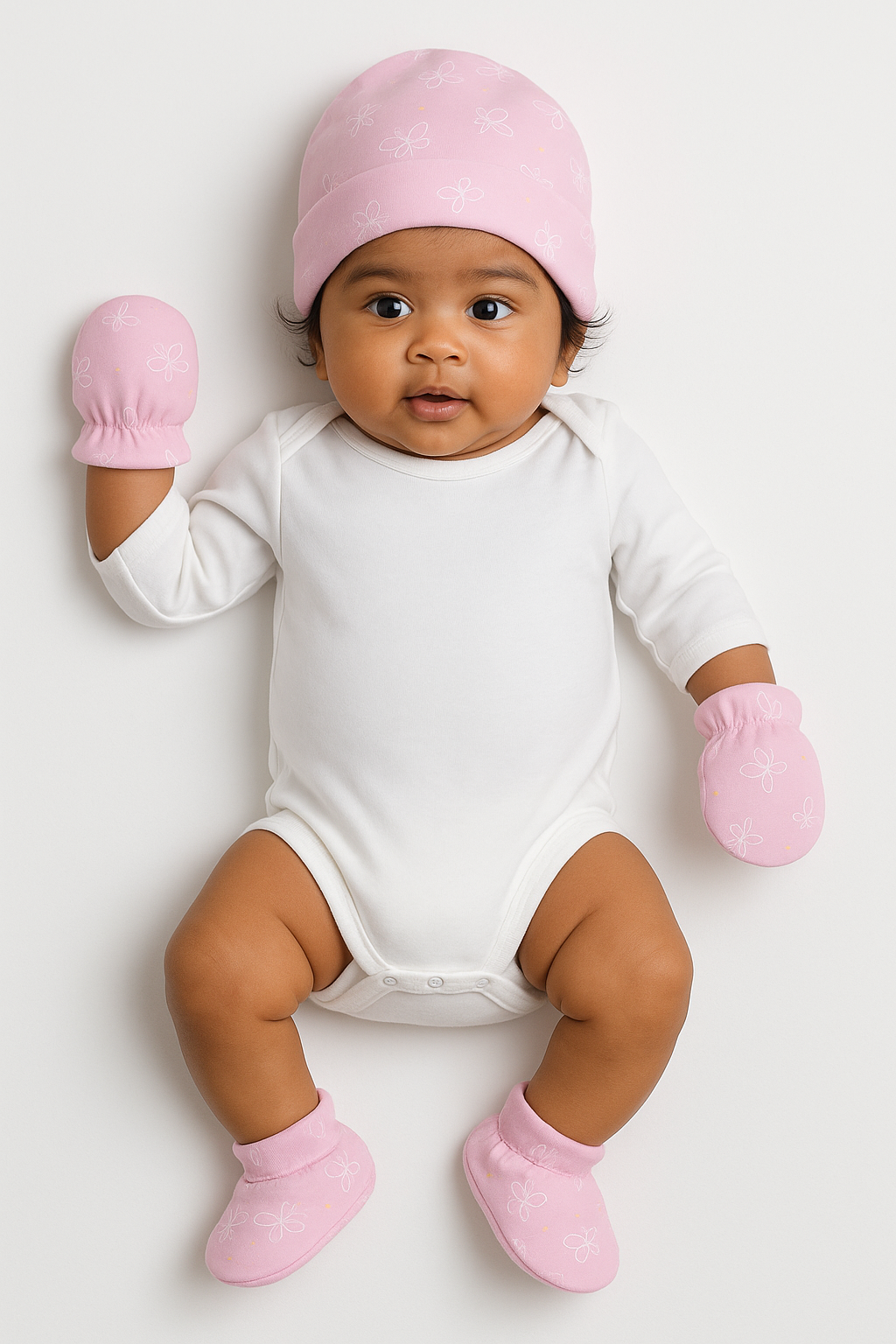 Pink Flutter Butterfly Newborn Cap, Mittens & Booties Set
