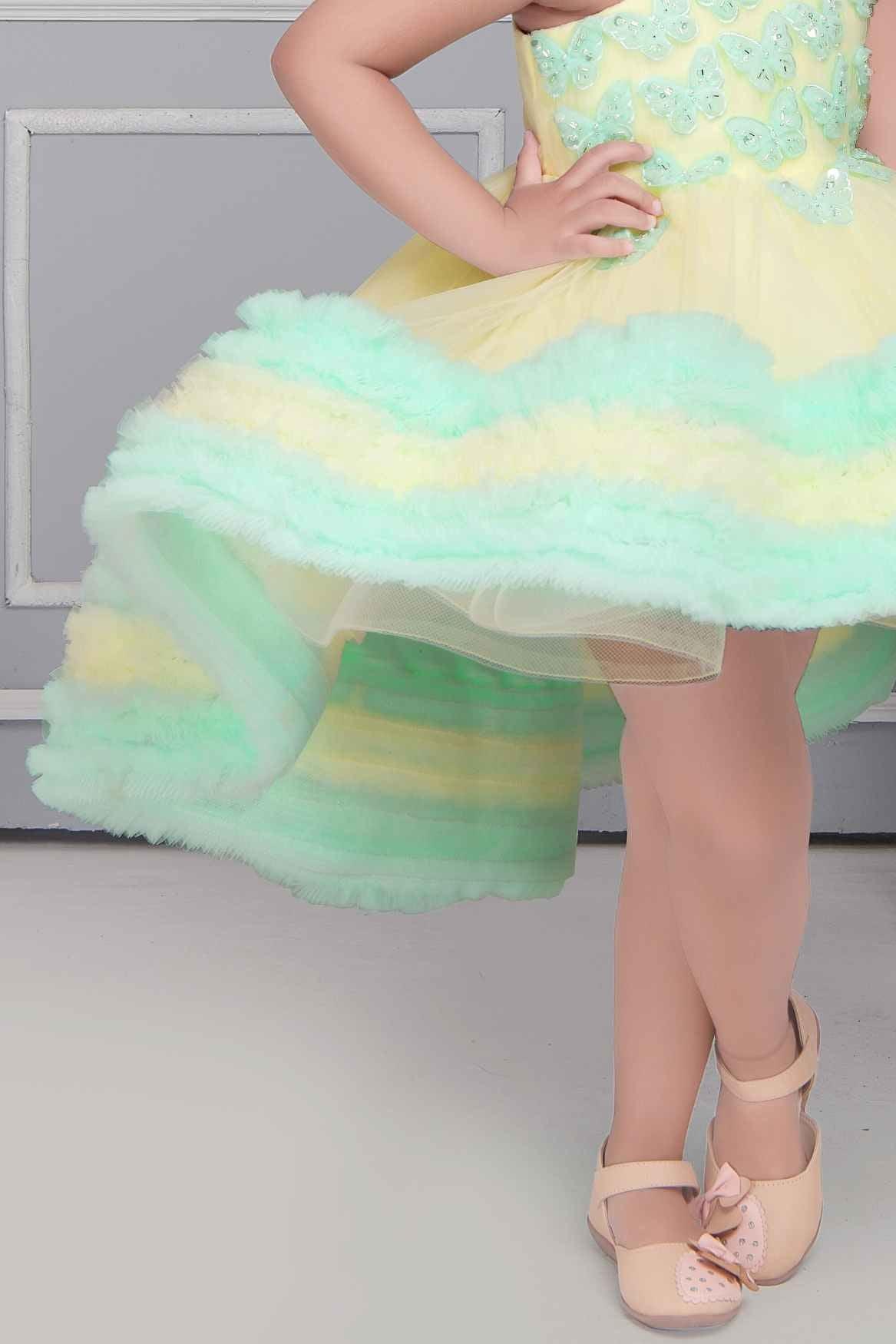 Girls Yellow & Mint Green Layered Party Frock