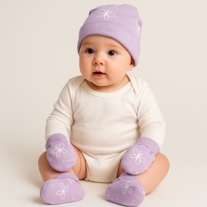 Lavender Flutter Butterfly Newborn Cap, Mittens & Booties Set