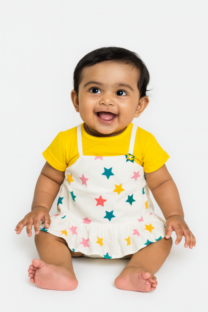 Yellow Star Printed Pinafore Set for Girls - Mamadada