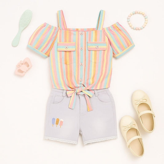 Striped Cold-Shoulder Top &amp; Ice Cream Shorts Set