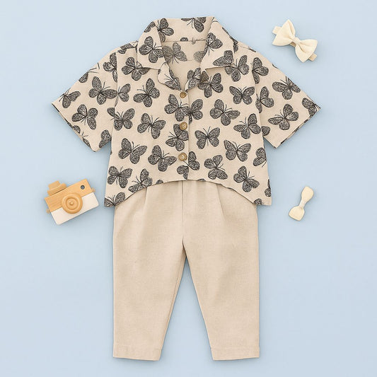 Beige Butterfly Shirt And Pant Set
