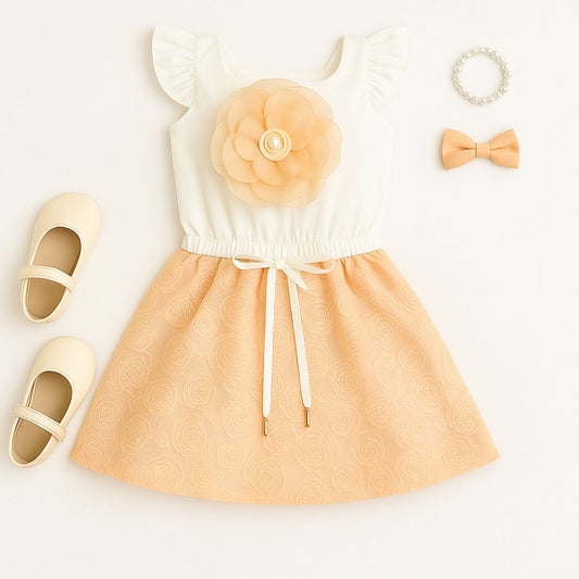 Peach Party Dress with Floral Appliqué