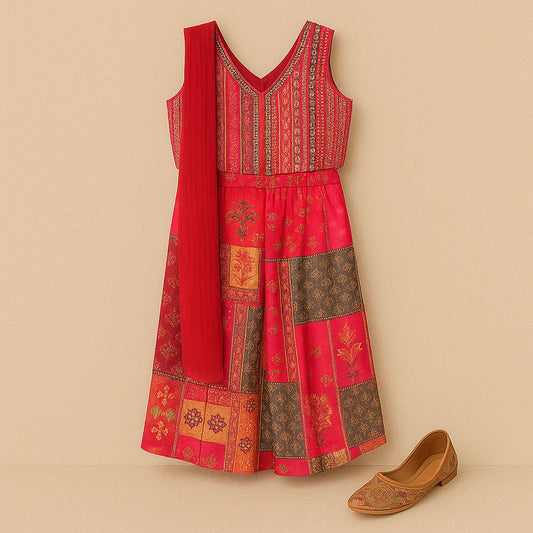 Red And Multicolour Patchwork Ethnic Dress with Dupatta