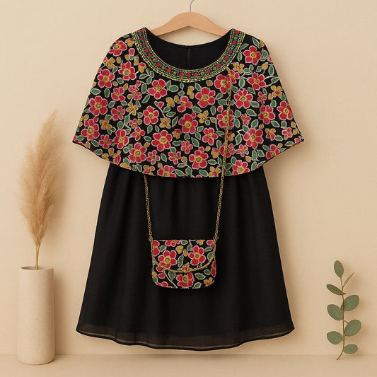 Black Fit And Flare Dress with Embroidered Cape And Bag