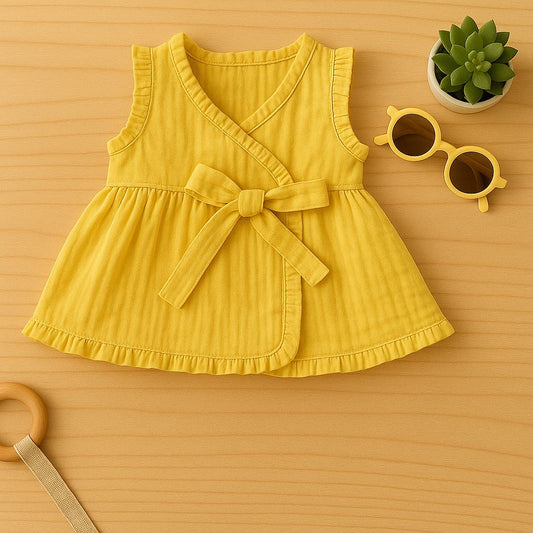 Yellow Wrap-Around Muslin Dress with Bow