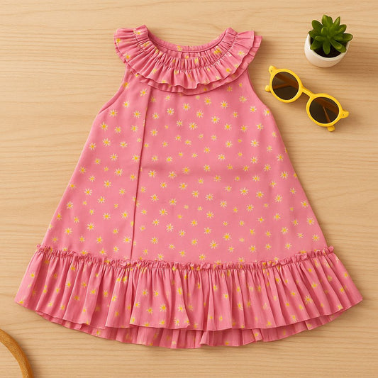 Pink Ruffle Dress with Yellow Floral Print