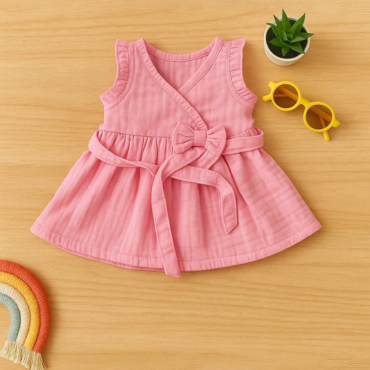 Pink Muslin Wrap Dress with Bow Tie