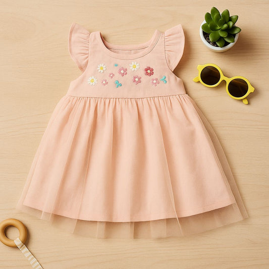 Peach Dress with Embroidered Flowers and Tulle SkirtThis