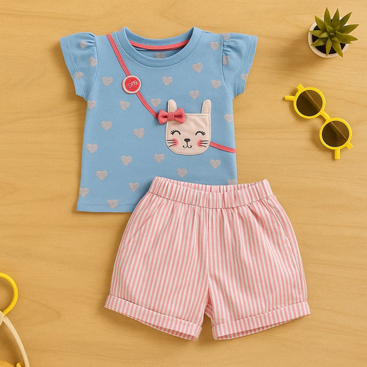 Blue Cat Print T-Shirt & Pink Striped Shorts Set