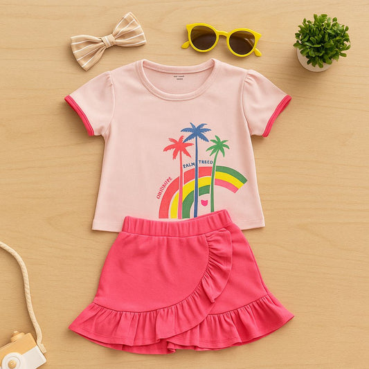 Pink Palm Tree Tee & Ruffle Skirt Set