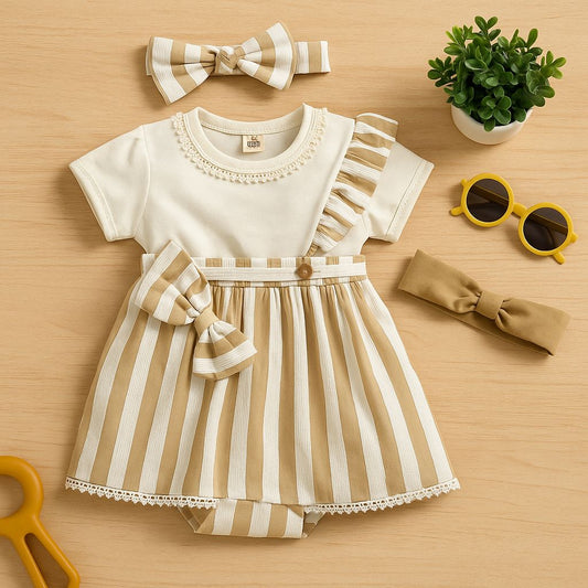 Cream and Beige Striped Suspender Dress with Headbands
