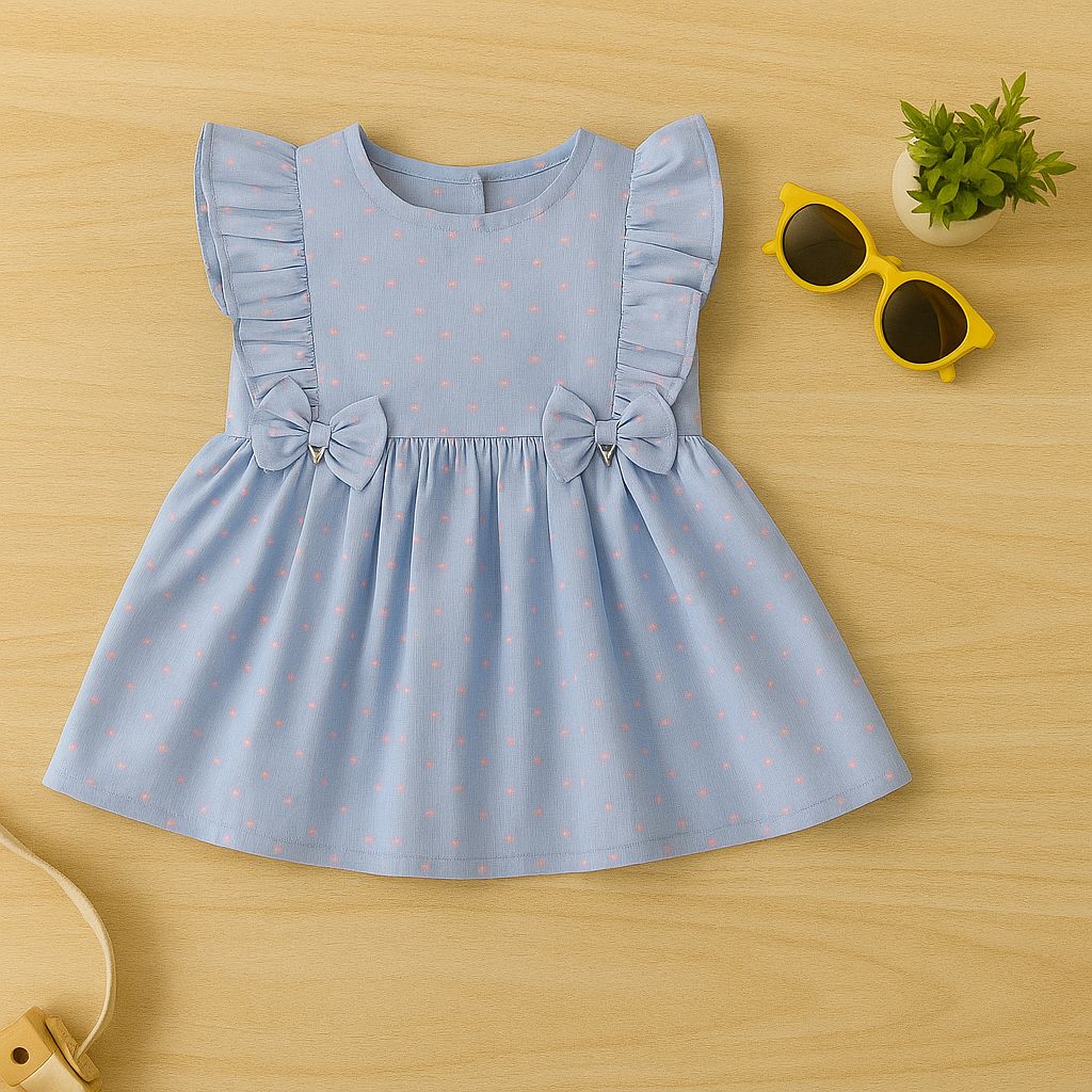 Blue Polka Dot Dress with Ruffles and Bows