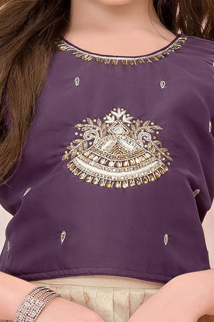 Purple Embroidered Blouse with Beige Silk Gown - Mamadada