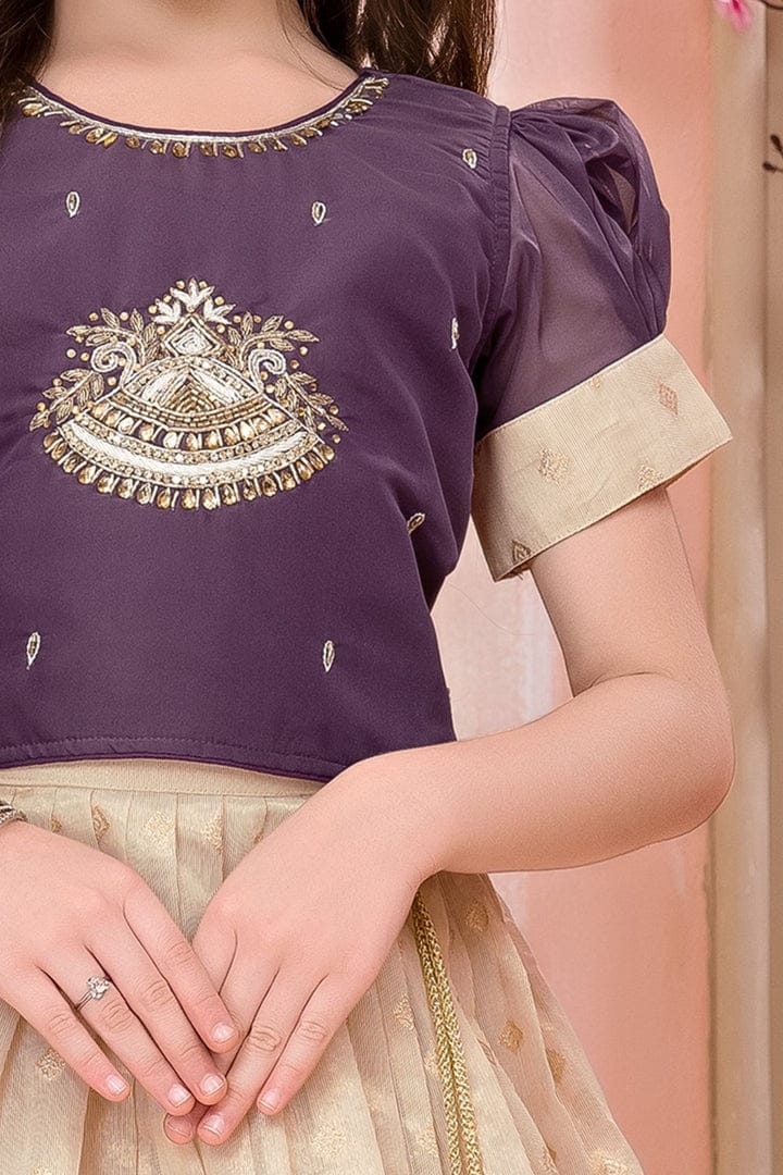 Purple Embroidered Blouse with Beige Silk Gown - Mamadada