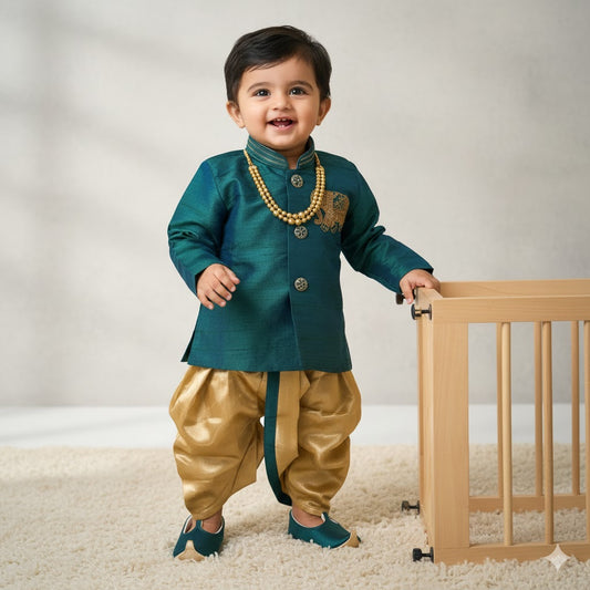 Teal & Gold Elephant Embroidered Kurta Dhoti Set – Regalia by BabyOne - Mamadada