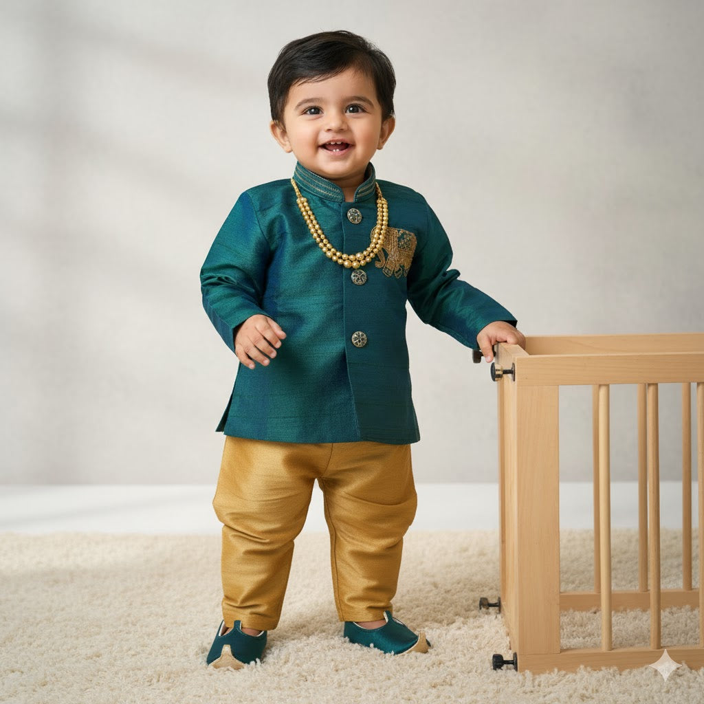 Teal & Gold Elephant Embroidered Kurta Dhoti Set – Regalia by BabyOne - Mamadada