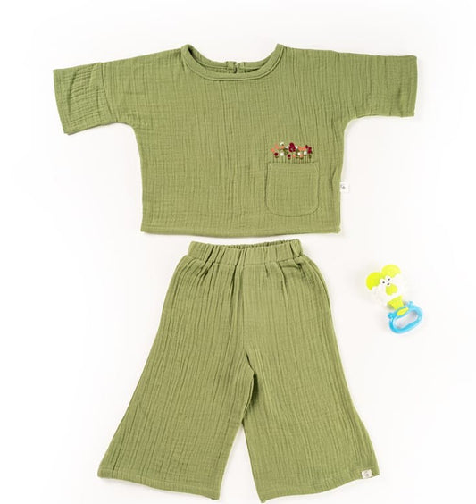 Pistachio Green Crinkled Muslin Boat Neck Co-ord Set