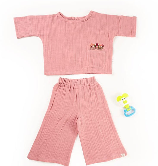 Baby Pink Crinkled Muslin Boat Neck Co-ord Set