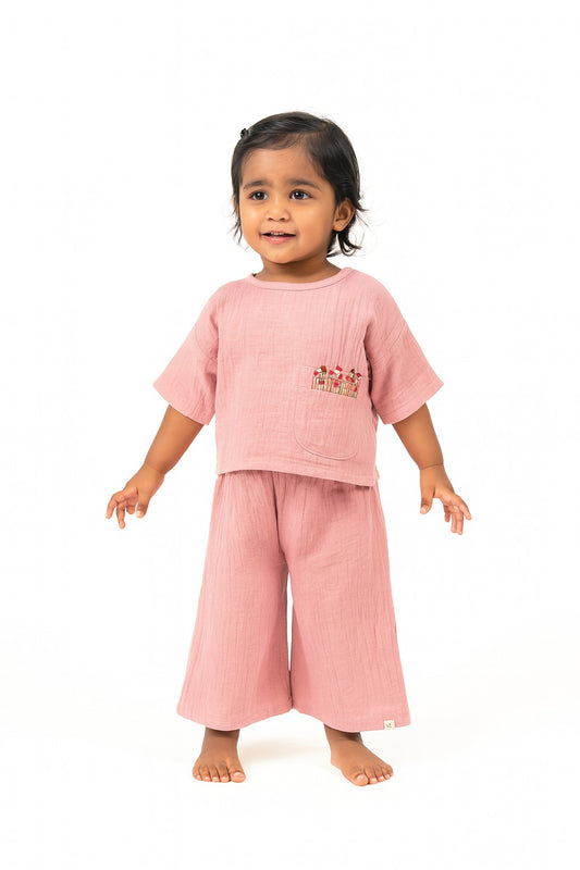 Baby Pink Crinkled Muslin Boat Neck Co-ord Set