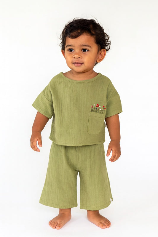Pistachio Green Crinkled Muslin Boat Neck Co-ord Set