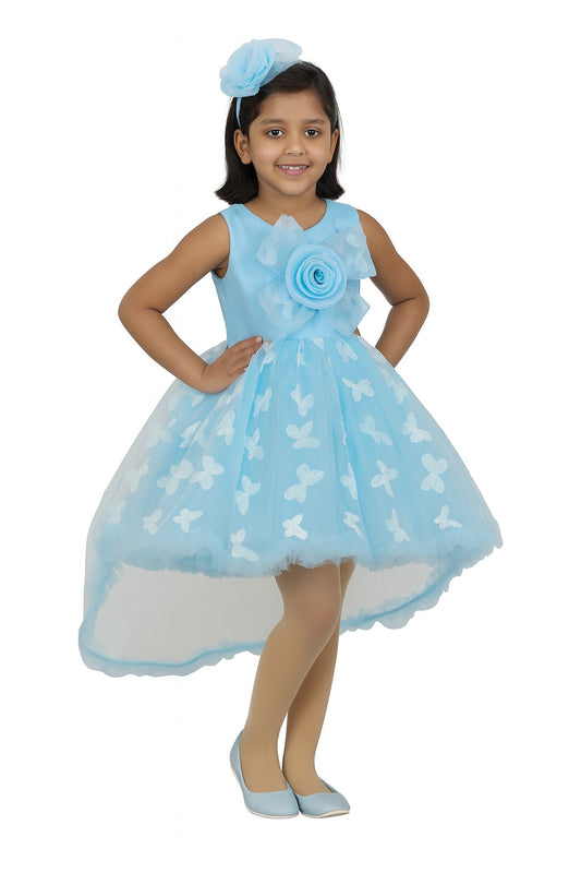 Girls Sky Blue Butterfly Applique  Party Dress - Mamadada