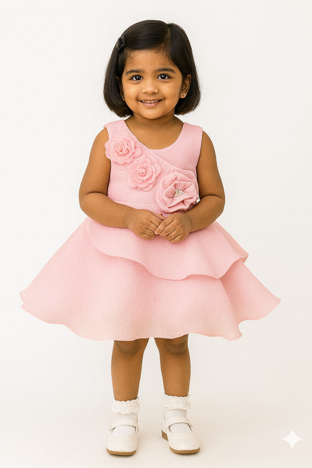 Baby Pink Layered Party Frock with Floral Appliqué - Mamadada