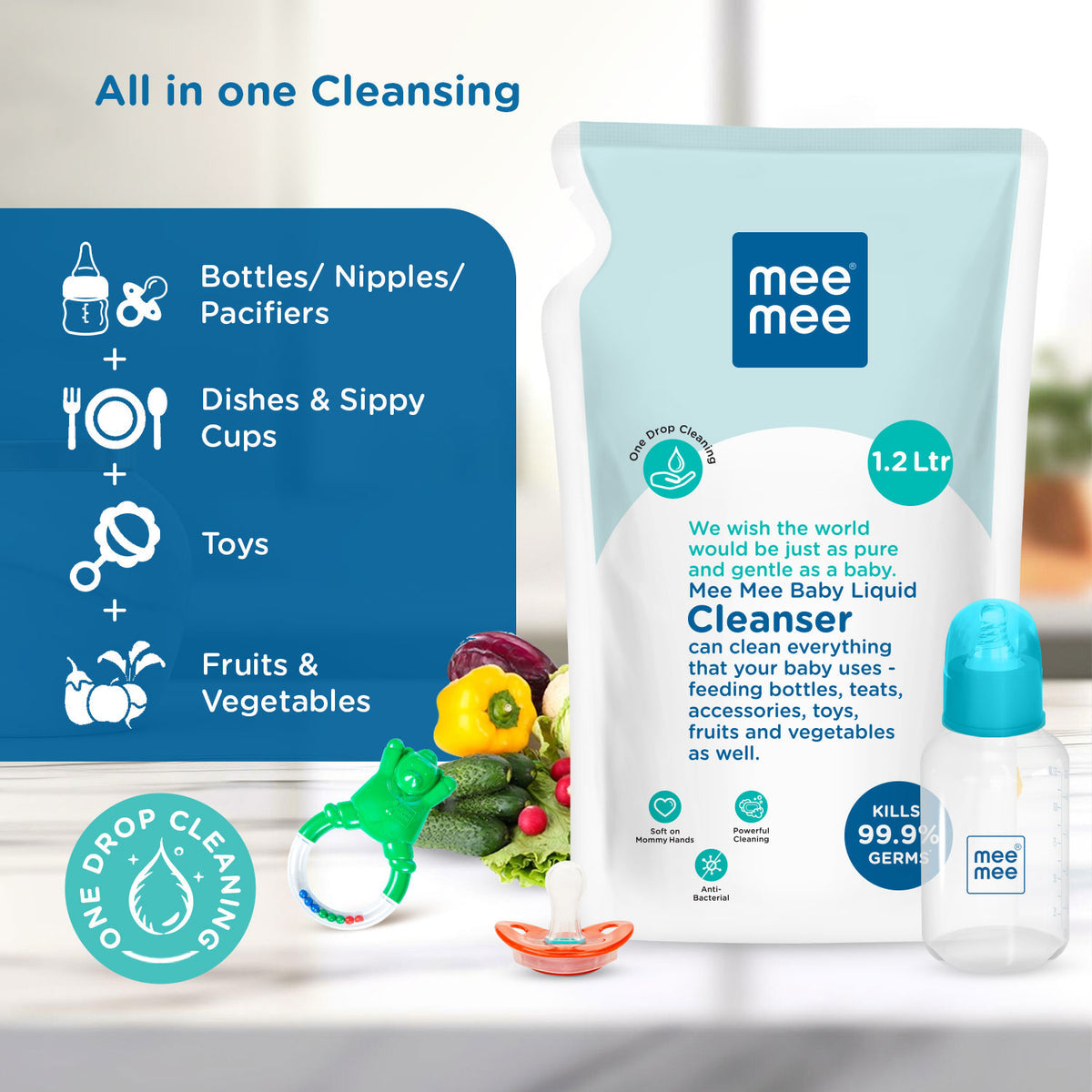 Mee Mee Anti-Bacterial Baby Liquid Cleanser Refill Pack 1.2L – Gentle Baby Laundry Detergent
